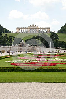 A palace Schoenbrunn in Vienna, Austria. Wide facade and stunning gardens