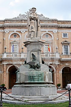 Palace and scuplture of poet Giacomo Leopardi in Recanati