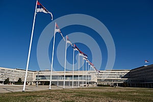 Palace of Serbia, Novi Beograd district. A lot of Flags of Serbia waiving in front of Palata Srbija. Office of various