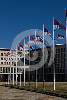 Palace of Serbia, Novi Beograd district. A lot of Flags of Serbia waiving in front of Palata Srbija. Office of various