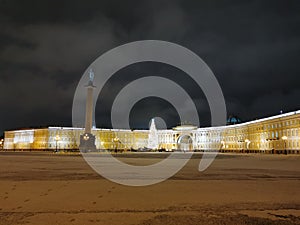 Palace Square in St. Petersburg, Alexandria Column, General Staff Building and natural spruce, decorated in retro style on a dark