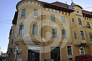 Palace Stern historic building archirecture from Republicii Avenue of Oradea City in Romania.