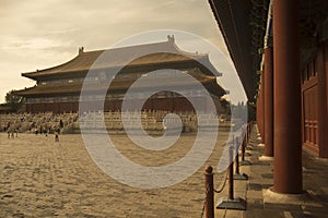 Palace of the supreme armony in the forbiden city in Beijing, China at sunset