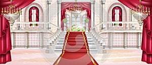 Palace vector interior background, luxury castle hall, marble staircase, arch window, carpet, chandelier.