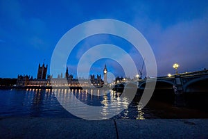 Palace of Westminster and Big Ben on the north bank of the River Thames at sunset