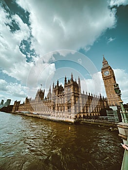 Palace of Westminster and Big Ben from the seaside, vertical, wide angle