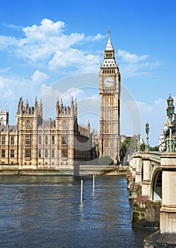 The Palace of Westminster, Big Ben and Westminster Bridge on a sunny morning, London, United Kingdom