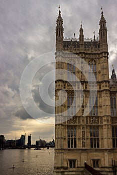 The Palace of Westminster rises up out of the west bank of the River Thames.