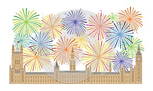 Palace of Westminster and Fireworks vector Illustration