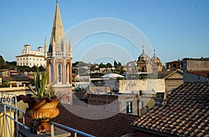 Palaces and bell towers of the historic district Piazza di Spagna of Rome