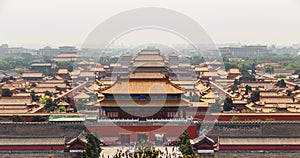 Palaces and walls of Emperor forbidden city panorama, Beijing, C