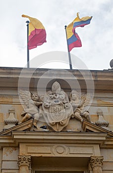 Palacio Arzobispal with Colombia and Bogota official flags.