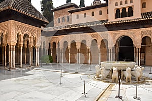 Palacio de los Leonas, Court of Lions with 12 lions fountain Alhambra Spain