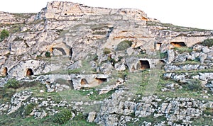 Palaeolithic caves across the ravine at Matera 