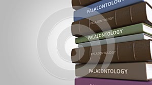 PALAEONTOLOGY title on the stack of books, conceptual 3D rendering