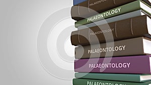 PALAEONTOLOGY title on the stack of books, conceptual loopable 3D animation