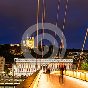 Palais de justice and the Basilica of FourviÃÂ¨re seen from the footbridge at night, in Lyon in the RhÃÂ´ne, France photo