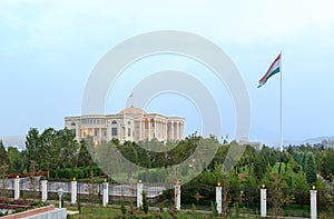 Palais des Nations and flagpole with a flag. Dushanbe, Tajikistan