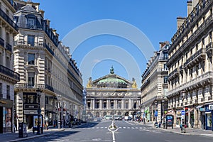The Palais Garnier, the opera house of Paris sighted from Opera avenue in Paris