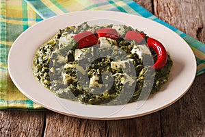 Palak paneer with spinach, cheese and hot peppers a closeup. horizontal