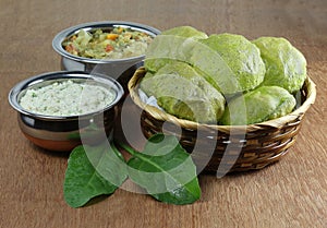 Palak Poori Indian Vegetarian Breakfast with Coconut Chutney