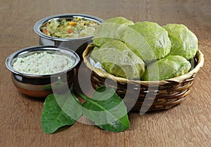 Palak Poori Indian Vegetarian Breakfast with Coconut Chutney photo