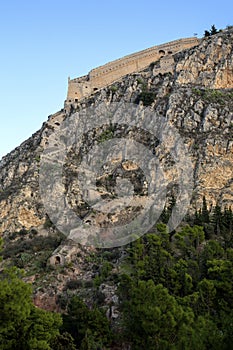 Palamidi fortress on the hill, Nafplion - Greece. Walls and bastions of Palamidi fortress, Nafplio, Peloponnese, Greece - Immagine photo