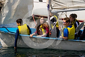 Palamos, Catalonia, may 2016: children learning to sail on yacht