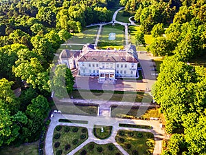 Palanga, Lithuania: aerial UAV view of Amber Museum in formerTiskeviciai, Tyszkevicz Palace surrounded by Palanga