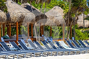 Palapa thatched roofs palms parasols sun loungers beach resort Mexico