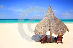 Palapa thatch umbrella and chairs on beach photo