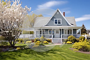 palatial cape cod house featuring a side gable roof and front garden