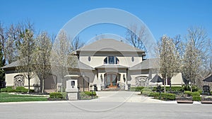 Palatial Luxury Home in Gray Stucco with Flowering Pear Trees