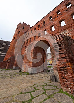 The Palatine Gate, Porta Palatina is a Roman Age city gate in Turin, Italy