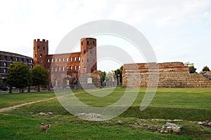 Palatine gate and ruin walls in the Archaeological Park of Turin, Italy