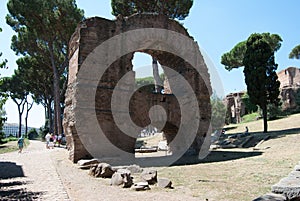 Palatine hill with ancients ruins. Old roman historic architecture. Palatino Roma.