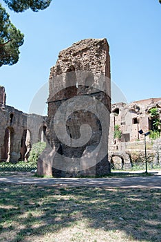 Palatine hill with ancients ruins. Old roman historic architecture. Palatino Roma.