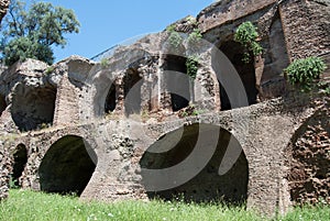 Palatine hill with ancients ruins. Old roman historic architecture. Palatino Roma.