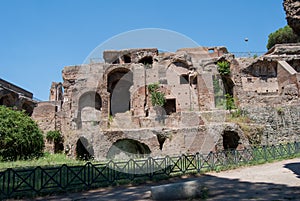 Palatine hill with ancients ruins. Old roman historic architecture. Palatino Roma.