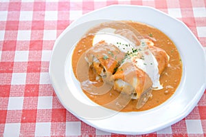 Palatschinke,Hungarian-style crepe called Hortobagyi Husos Palacsinta (Crepe a la Hortobagy)