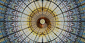 Palau de la Musica Catalana skylight of stained glass designed by Antoni Rigalt i Blanch whose centerpiece is an inverted dome in
