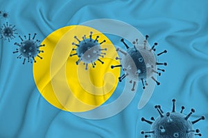 Palau flag. Blue viral cells, pandemic influenza virus epidemic infection, coronavirus, infection concept. 3d-rendering