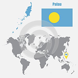 Palau map on a world map with flag and map pointer. Vector illustration