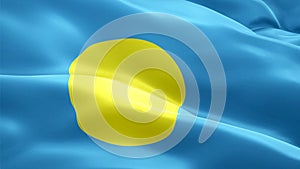 Palau waving flag. National 3d Palauan flag waving. Sign of Palau island seamless loop animation. Palauan flag HD resolution Backg