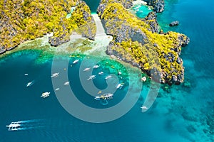 Palawan, Philippines aerial view of entrance to big lagoon. Natural scenery of tropical Miniloc island photo