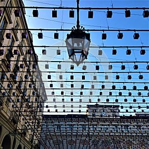 Palazzo Civico and street lamps in Turin city, Italy. Art and inspiration photo