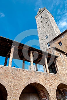 Palazzo comunale details and tower at San Gimignano photo
