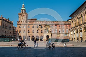 The Palazzo d`Accursio with its clock tower, is currently the Town Hall of Bologna, Italy