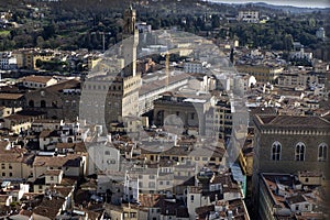 Palazzo della Signoria Florence Aerial view cityscape from giotto tower detail near Cathedral Santa Maria dei Fiori, Brunelleschi