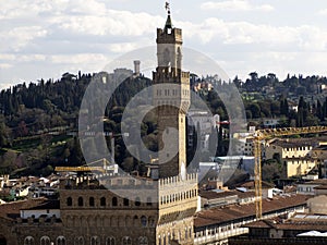 Palazzo della Signoria Florence Aerial view cityscape from giotto tower detail near Cathedral Santa Maria dei Fiori, Brunelleschi
